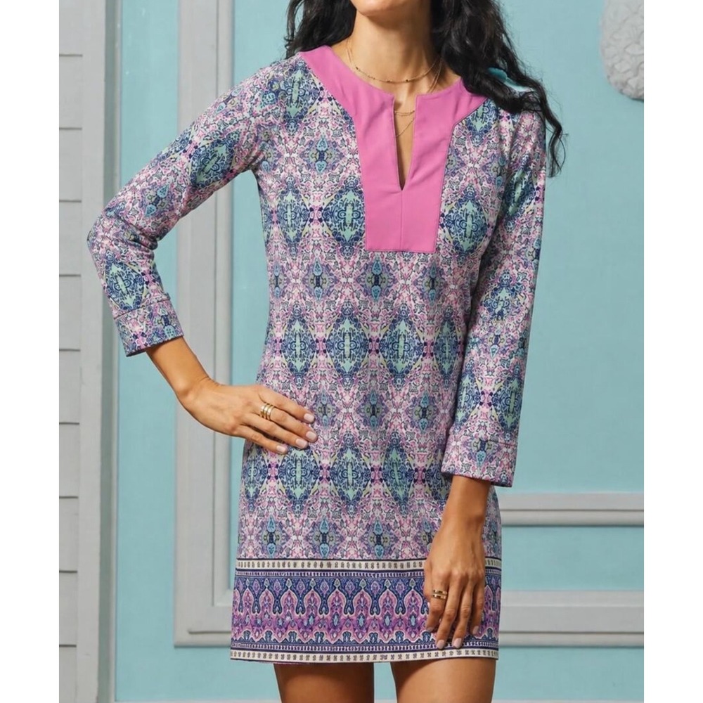Cabana Life Shift Dress Womens Sz M Geo Abstract Pink Blue Beach Resort UPF 50+